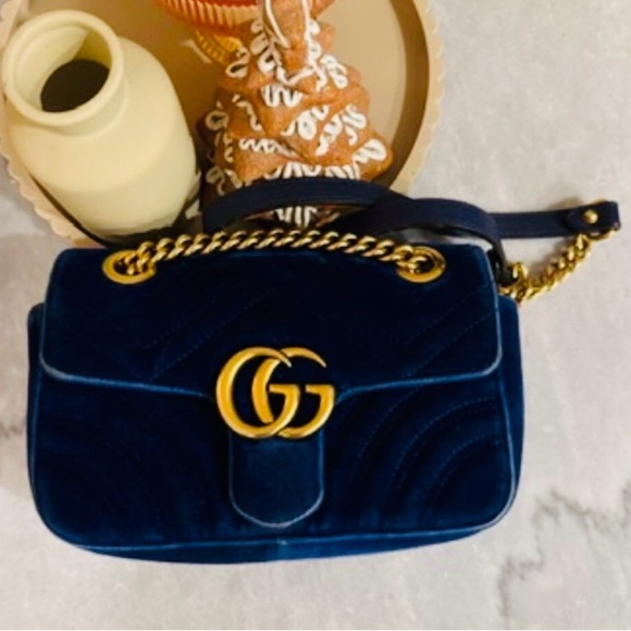 Gucci Cobalt Blue Velvet and Gold Small Marmont Shoulder Bag Authentic 2 - Picture 14 of 16